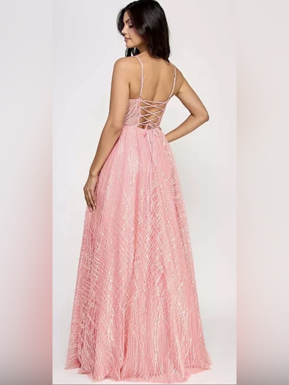 TLC Blush Pink Glitter Lace-Up Prom Gown